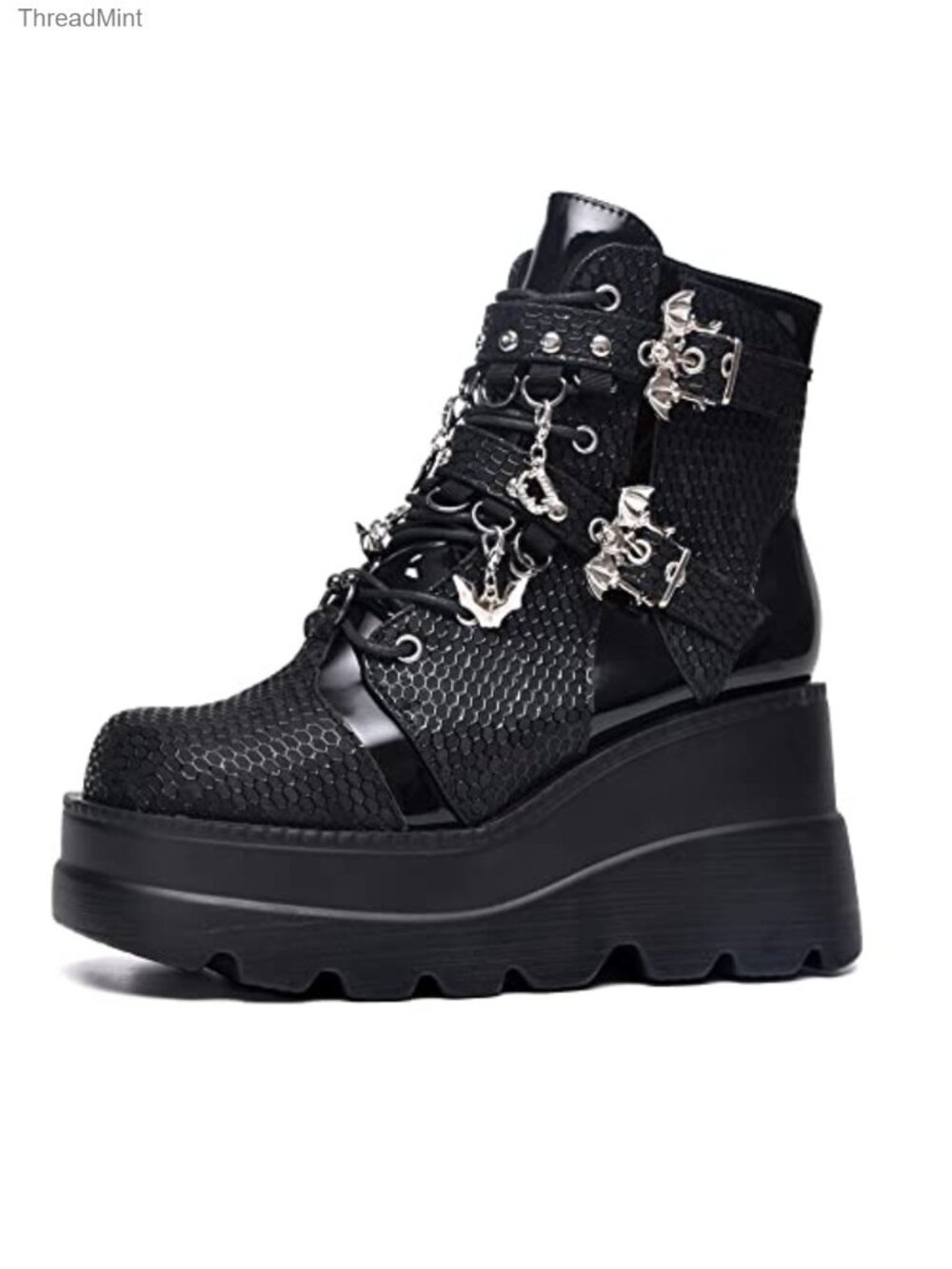 Goth Platform Ankle Boots Faux Leather Side Zip Chunky Heel Wedge